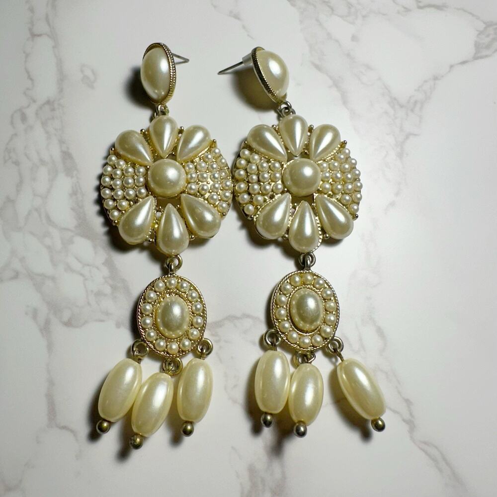 Vintage Large Faux Pearl Oval Gold Tone Statement Pierced Earrings Approx 10 In
